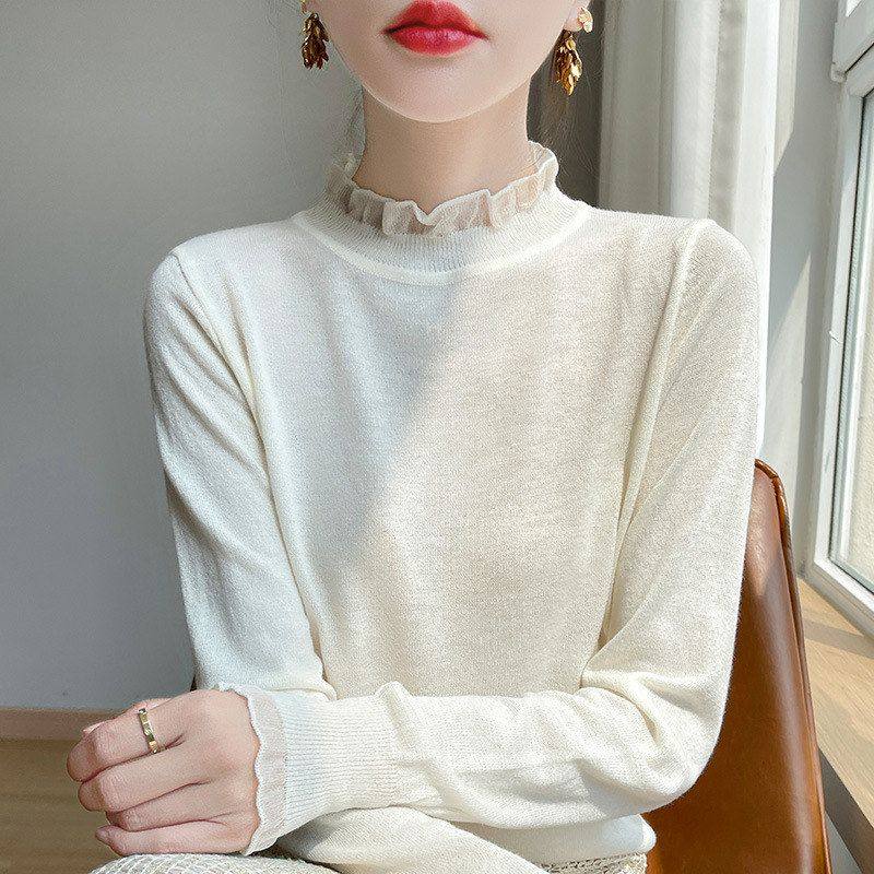 舒适感打底衫蕾丝女士轻薄上衣针织木耳边春夏半新款高领精纺羊毛,女装/女士精品,毛针织衫,淘宝优惠券,粉丝福利购,淘宝优惠卷