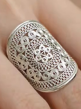 小众女指环调节999花纹足银宽面