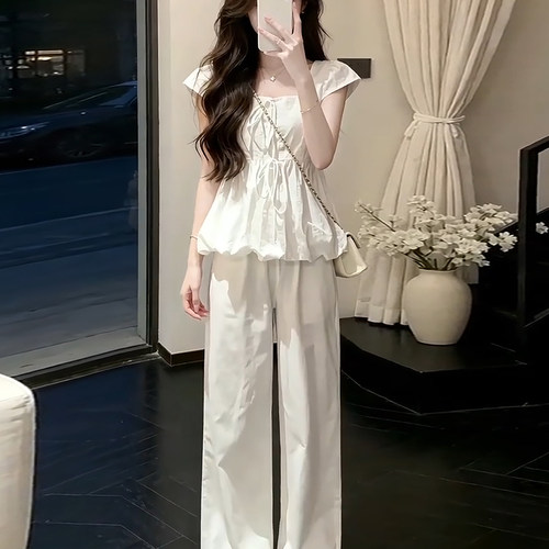 JBBCN/吉宝宝白色亚麻女夏提花小飞袖上衣垂感休闲宽松阔腿裤两件