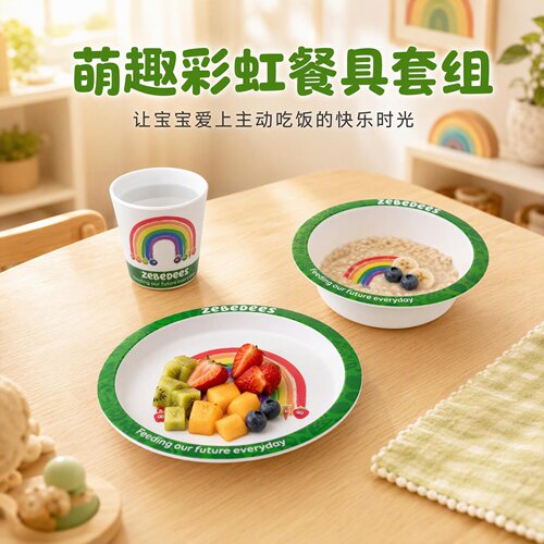 密胺彩虹儿童防摔碗盘杯三件套