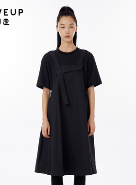 MOVEUP幻走2023新款.FUN系列猫咪织唛宽松显瘦假两件黑色连衣裙夏