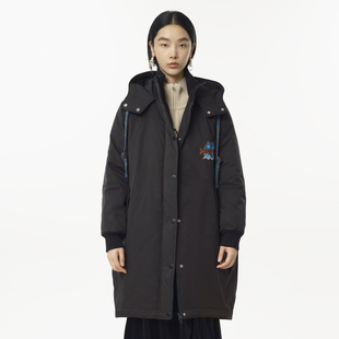 MOVEUP幻走2024冬季新款.FUN系列猫咪绣花连帽设计长款棉服外套女