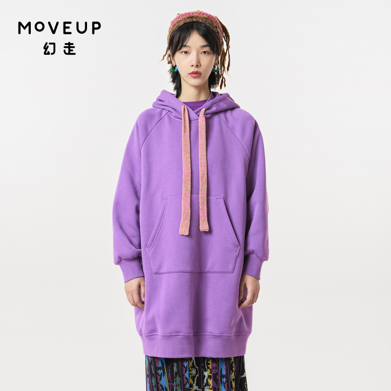 MOVEUP幻走2023冬季新款.FUN系列加绒连帽绣花设计师中长款卫衣女