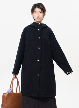 MOVEUP幻走2025冬季新款.FUN系列连帽口袋黑色休闲长款毛呢外套女