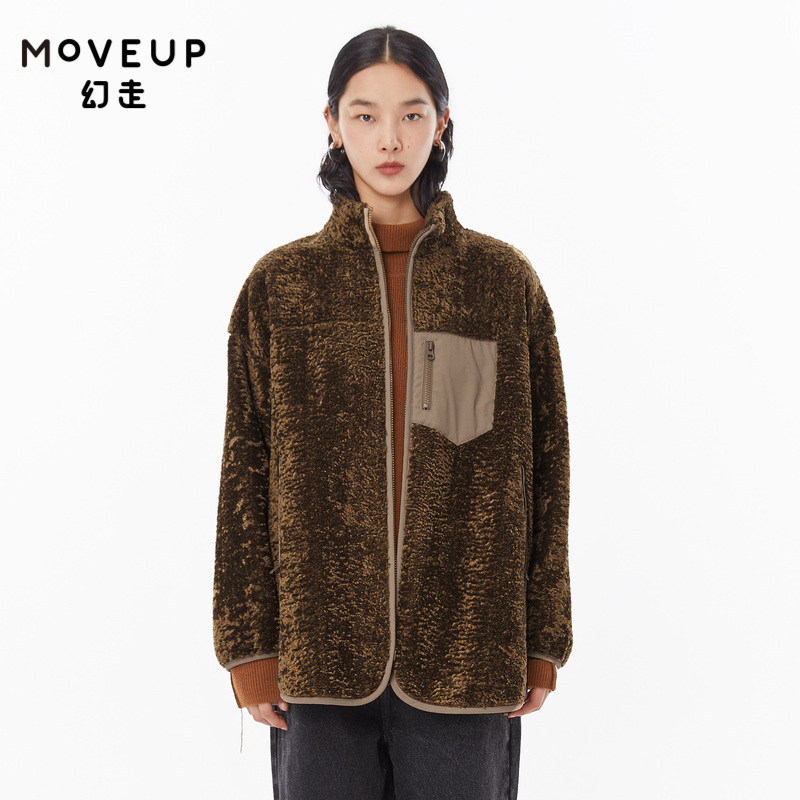 【商场同款】MOVEUP幻走2022冬季立领撞布毛绒设计师中长款外套女