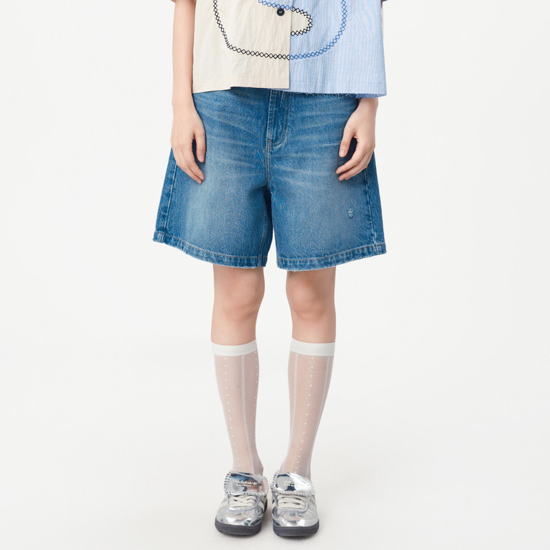 【商场同款】MOVEUP幻走2025夏季新款不规则磨破口袋微喇牛仔短裤