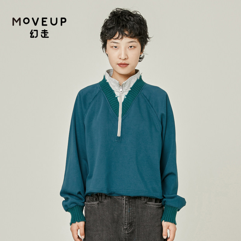 moveup幻走2021秋季新款.fun系列假两件撞料小众设计短款卫衣女