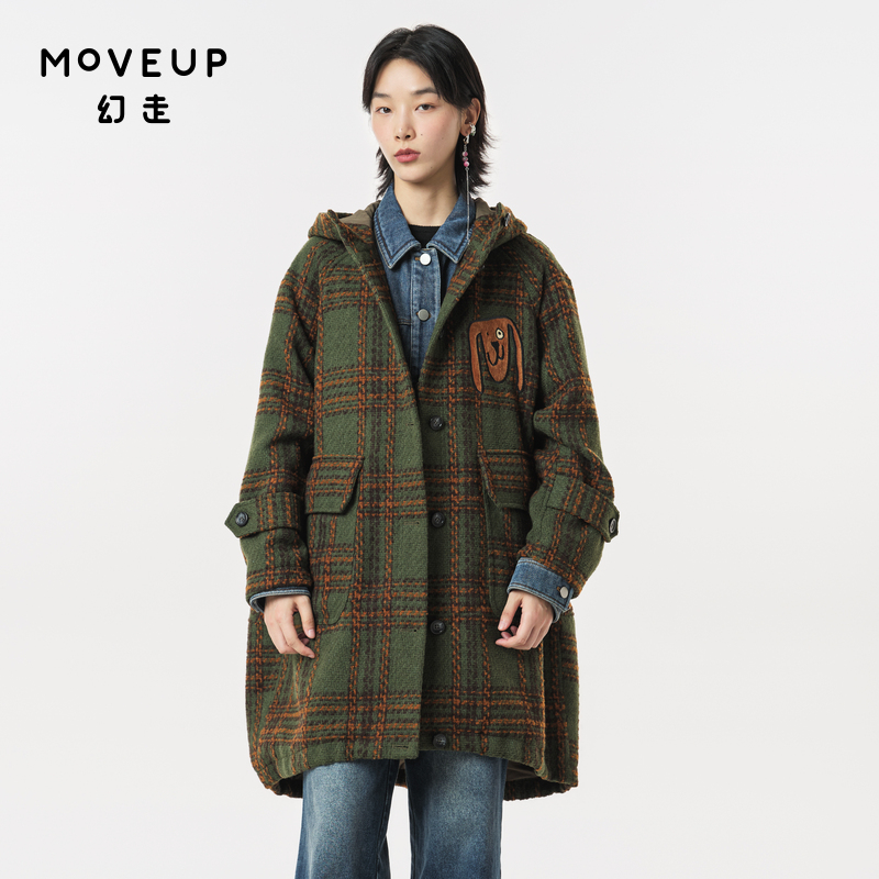 Moveup长款设计师连帽毛呢外套