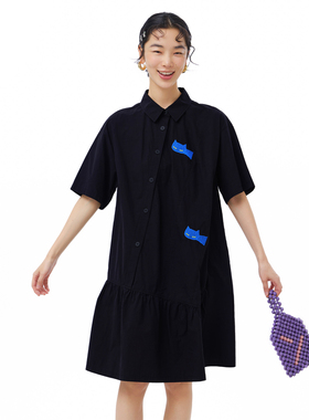 MOVEUP幻走2025夏季新款.FUN系列纯棉衬衫领绣花黑色梭织连衣裙