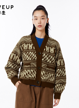 MOVEUP幻走2022秋季新款.FUN系列 V领趣味提花设计师开衫毛衣女