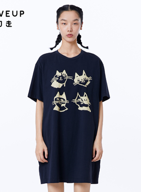MOVEUP幻走2023夏季新款.FUN系列 猫咪印花口袋设计师中长款T恤女