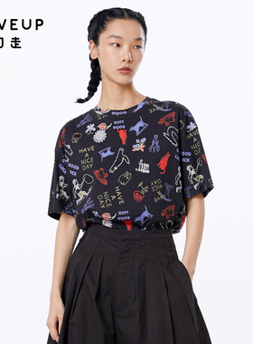 MOVEUP幻走2023夏季新款.FUN系列 圆领印花纯棉设计师短款T恤女