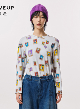 MOVEUP幻走2023秋季新款.FUN系列 圆领趣味印花设计短款长袖T恤女