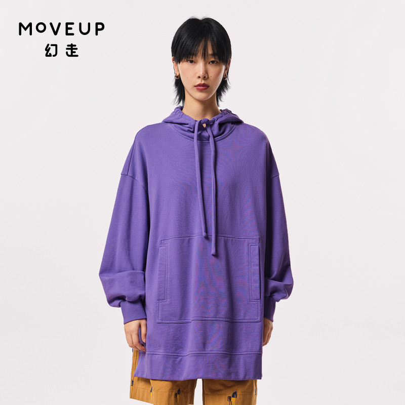 MOVEUP幻走2023秋季新款.FUN系列连帽口袋绣花设计师中长款卫衣女