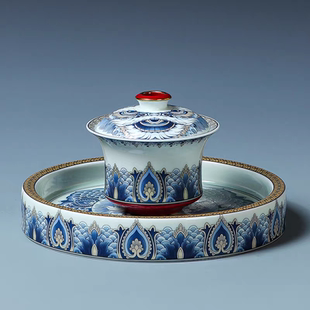 创意青花墨彩醒狮悬停旋转功夫茶具套装三才盖碗高档礼品伴手礼盒