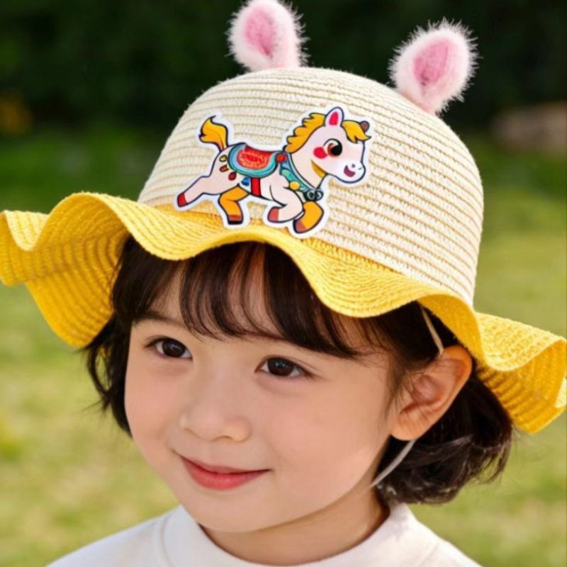 2026夏季新款福马儿童草帽女童粉色立体耳朵帽卡通草编遮阳帽