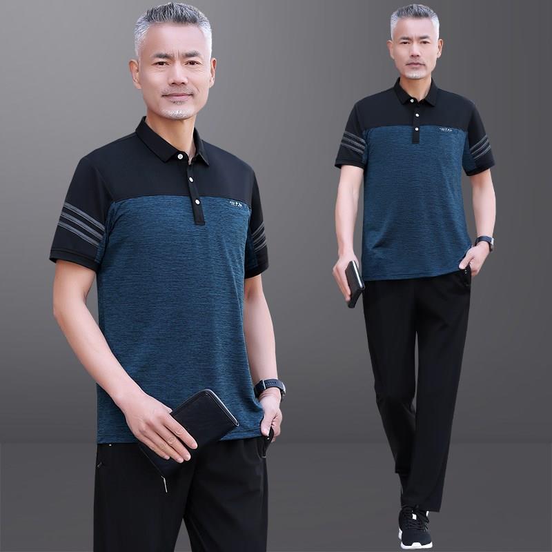 官网迈耐克斯爸爸夏装冰丝套装男短袖t恤2026新款中老年运动休闲