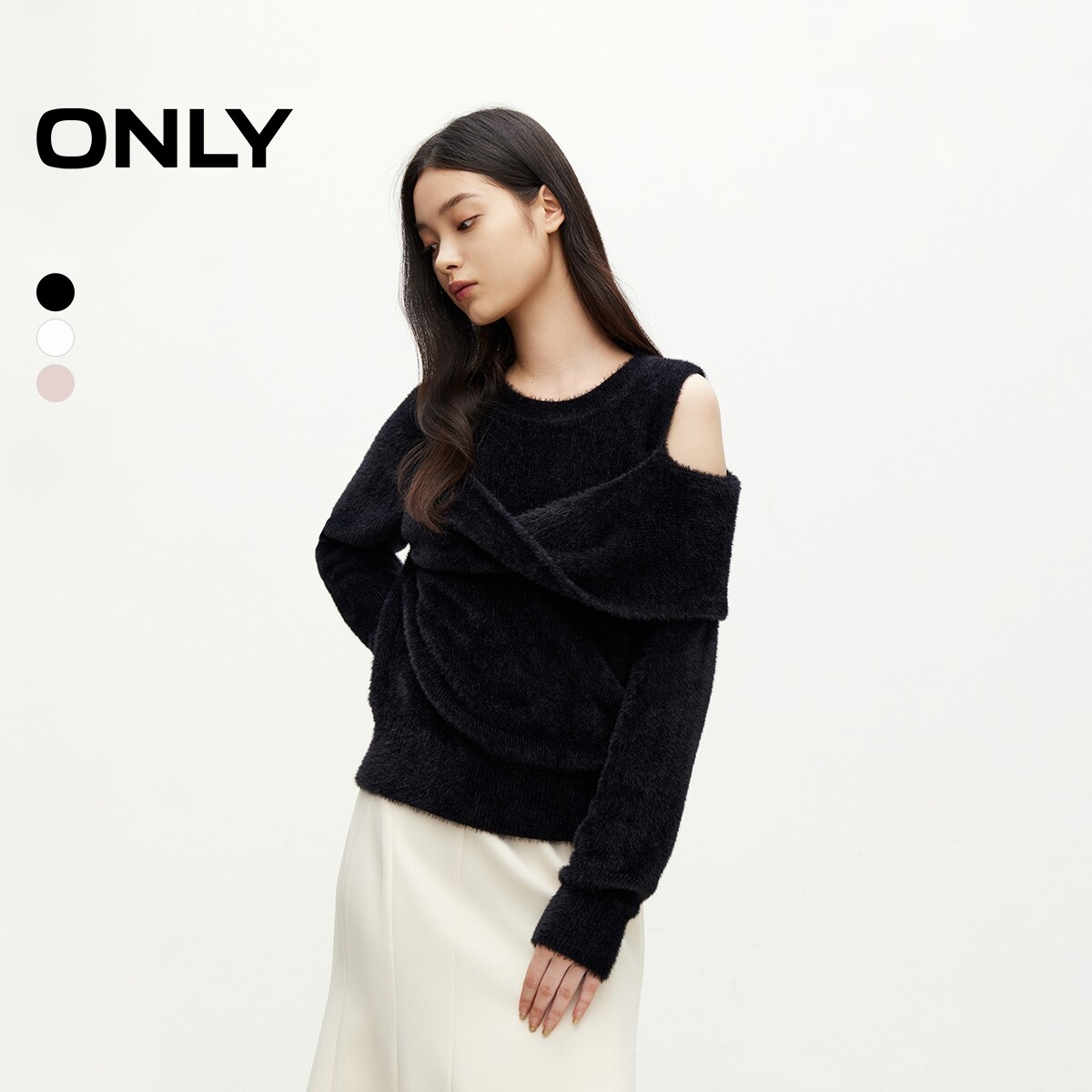 【ONLY奥莱】秋季新款时尚百搭慵懒设计感圆领露肩纯色针织衫女