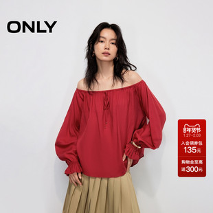 ONLY2025秋冬新款度假风绑带一字领口喇叭袖口宽松长袖雪纺衫女