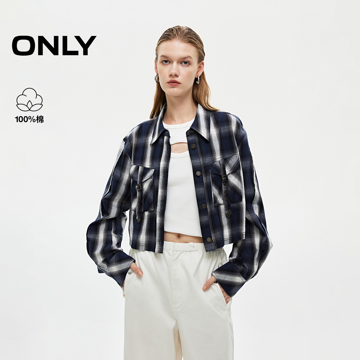 【ONLY奥莱】春夏学院风复古时髦格纹设计翻领落肩短款开衫衬衫女