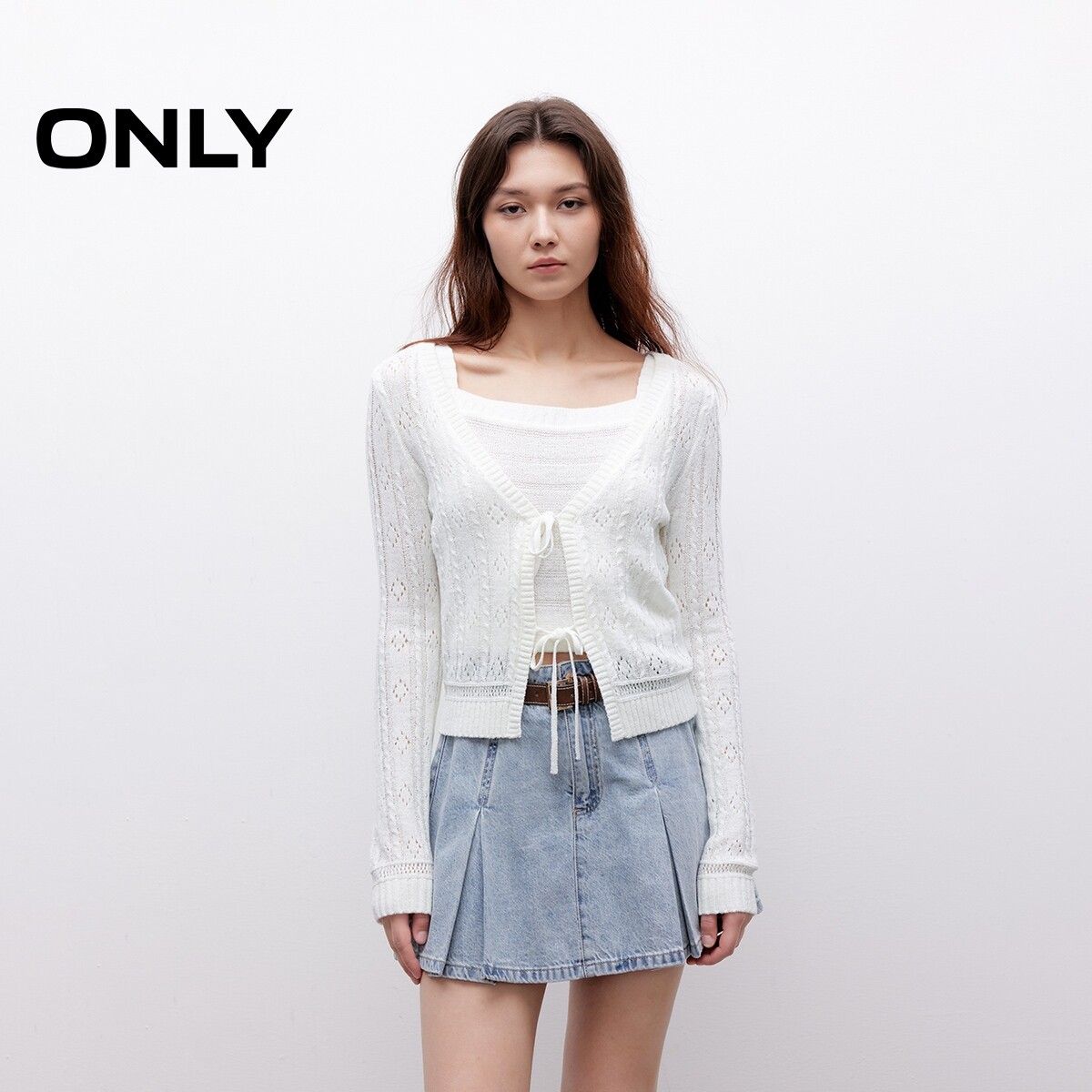 【ONLY奥莱】春夏甜美风薄款纯色V领长袖系带开衫套装针织衫女