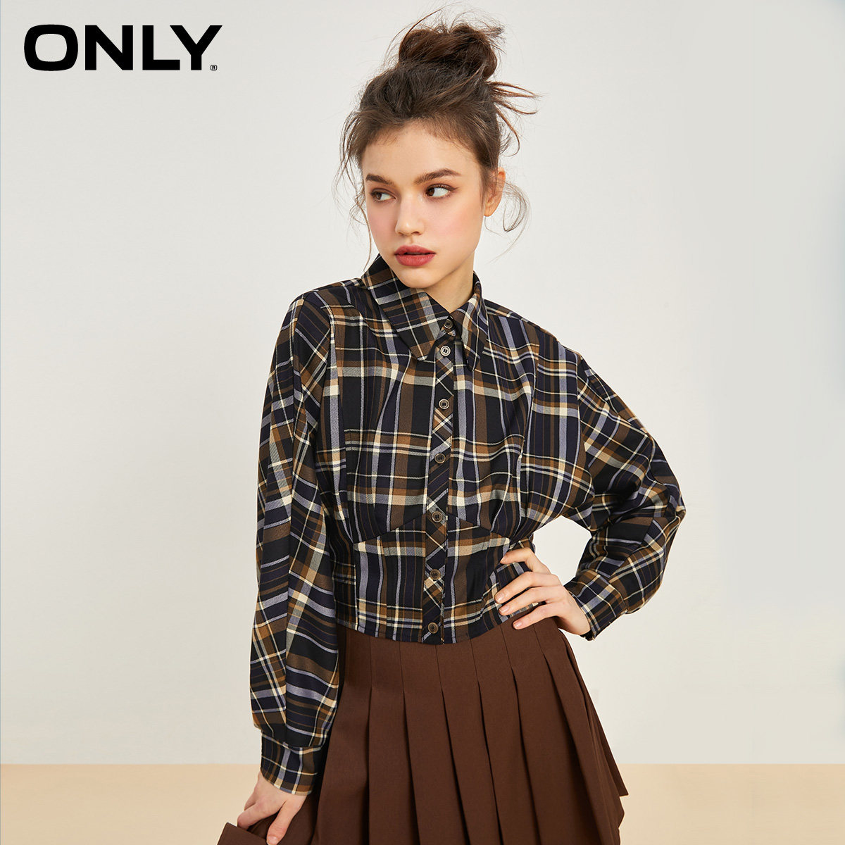 ONLY蝙蝠袖POLO领格子衬衫