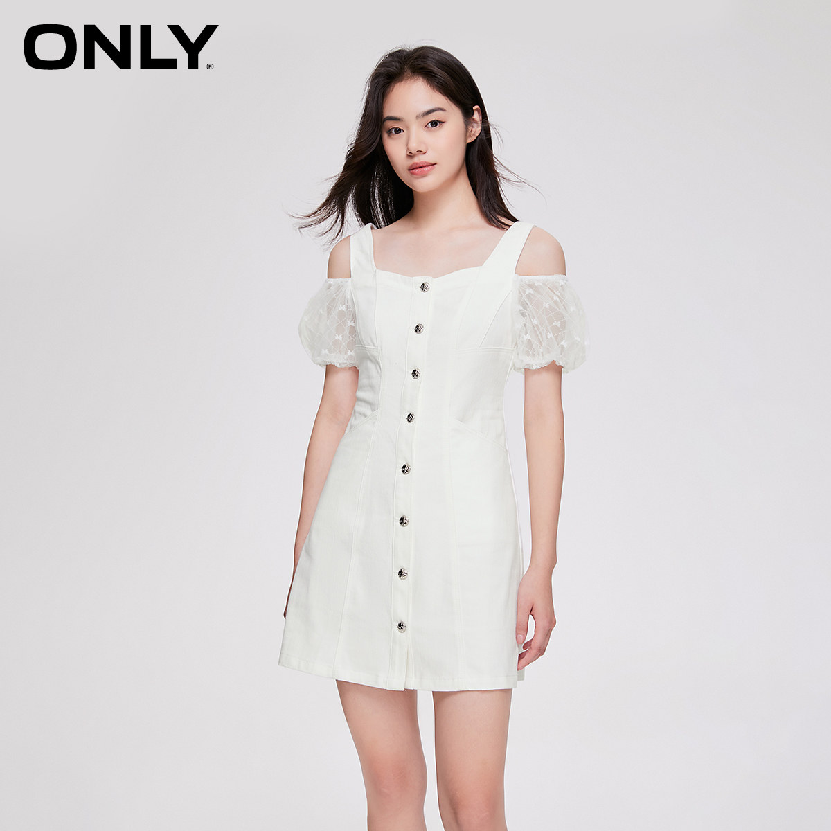 ONLY高腰短款露肩牛仔连衣裙