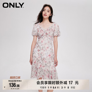 甜美泡泡袖 时尚 ONLY奥莱 V领中裙碎花连衣裙女 夏季