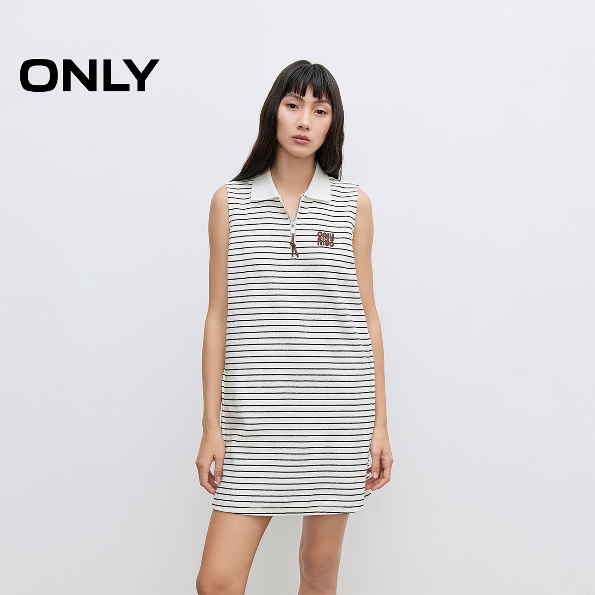 【ONLY奥莱】夏季复古风POLO领条纹设计无袖T恤裙短裙连衣裙