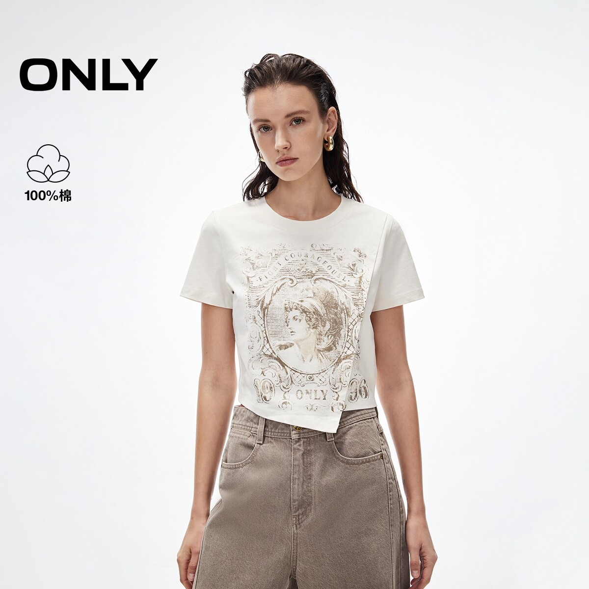 【ONLY奥莱】夏季款个性印花纯棉舒适圆领显瘦正肩短款短袖T恤女
