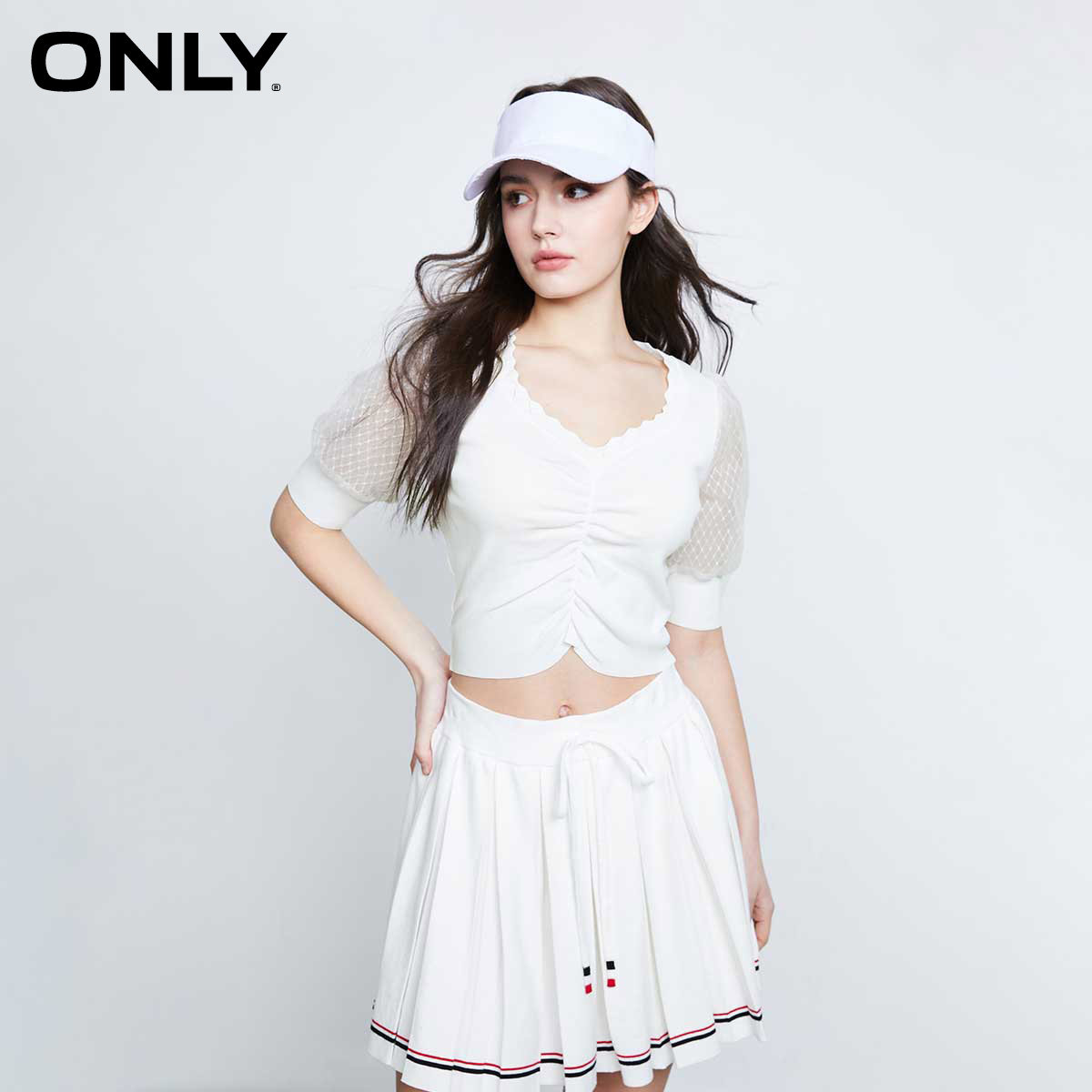 ONLY修身捏褶泡泡袖短款针织衫