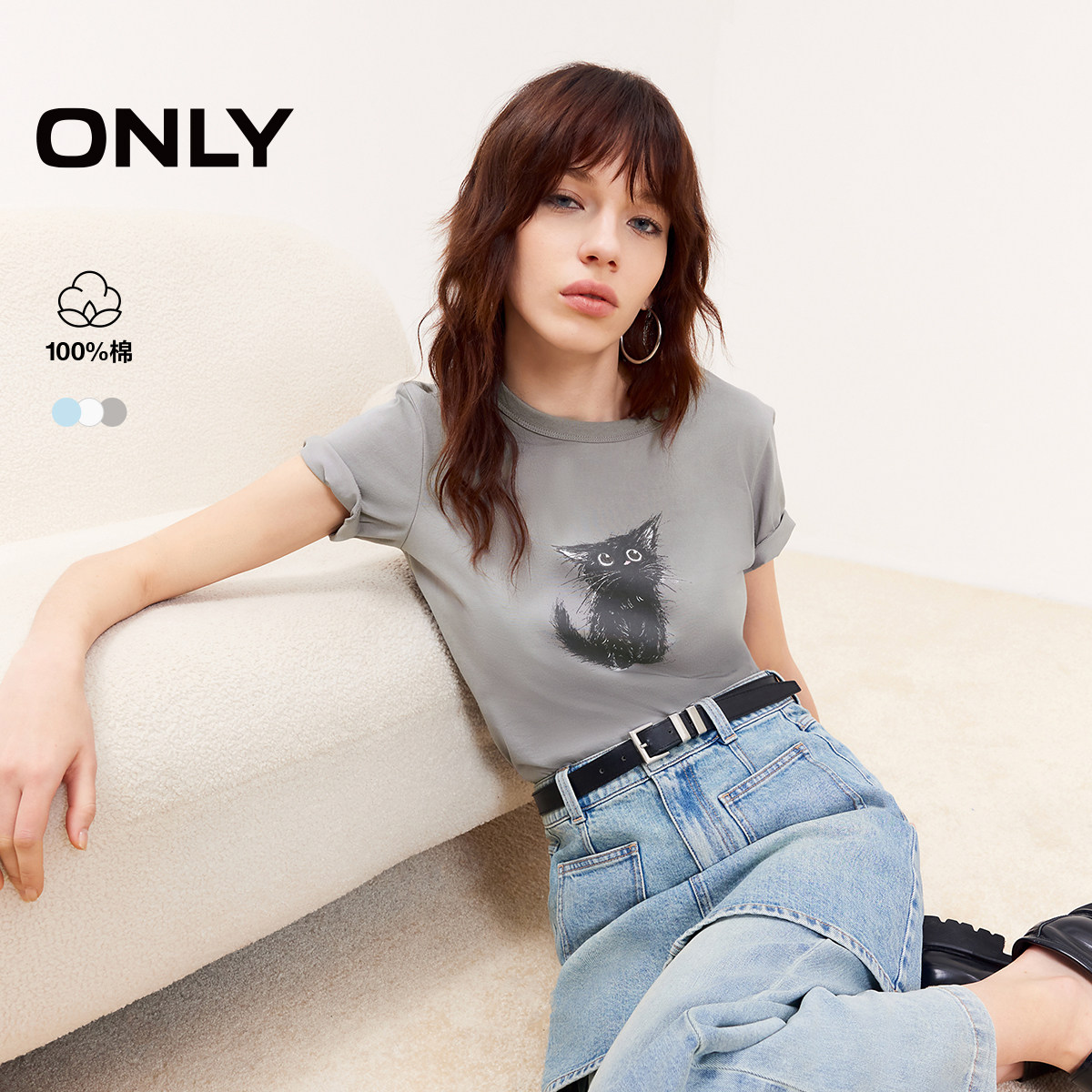 【ONLY奥莱】夏季新款休闲小猫印花纯棉圆领短袖正肩T恤女