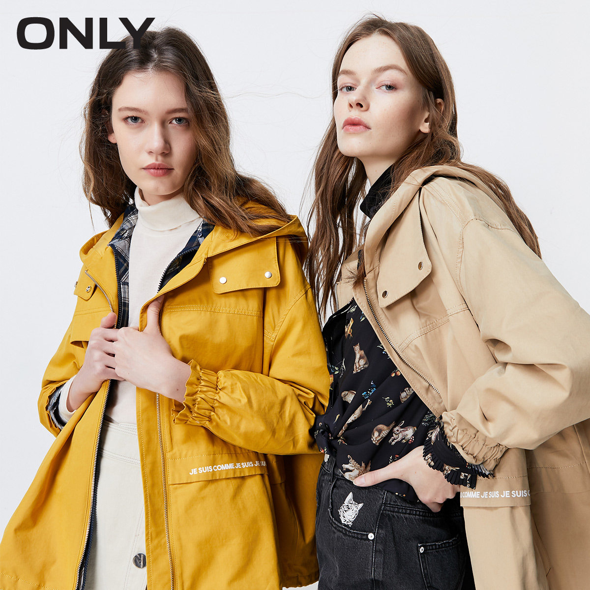 ONLY奥莱清仓秋季新款宽松连帽字母印花风衣外套女|120136539