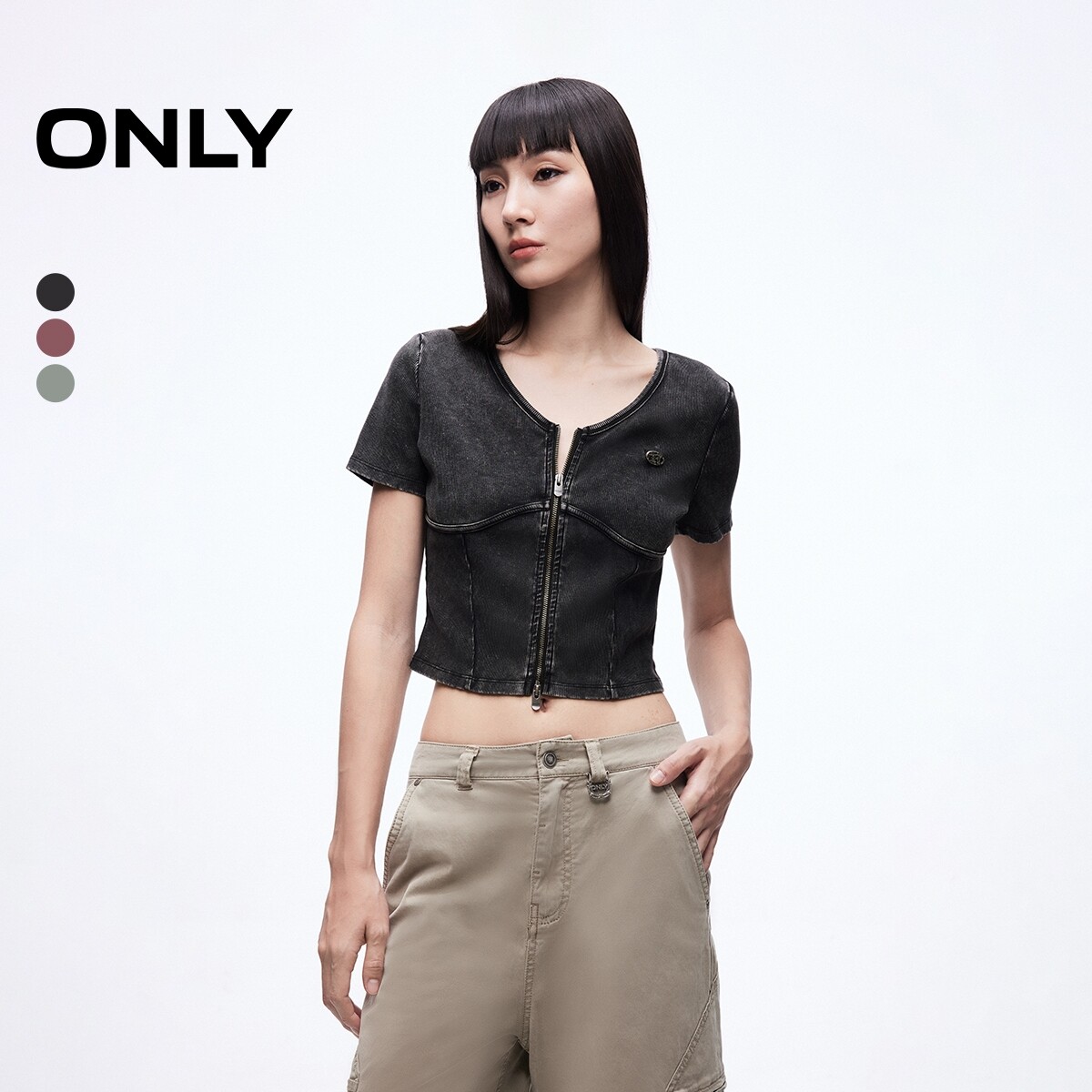 【ONLY奥莱】夏季款双头拉链显瘦立体剪裁做旧磨白短款短袖T恤女