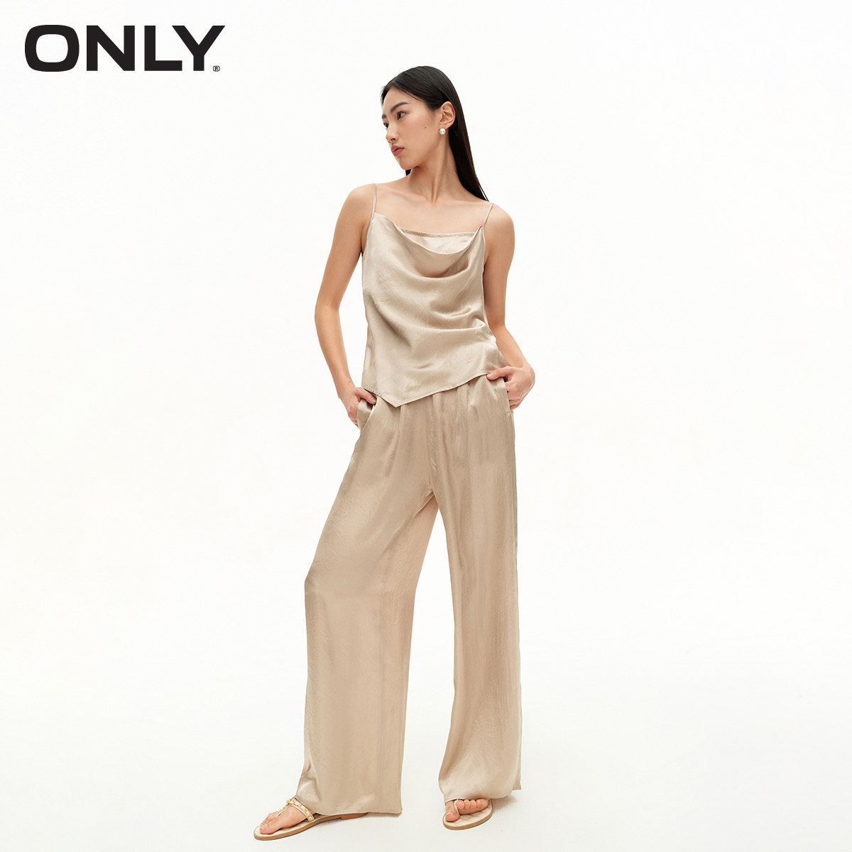【ONLY奥莱】春夏新款时尚简约吊带高腰长款休闲裤套装女