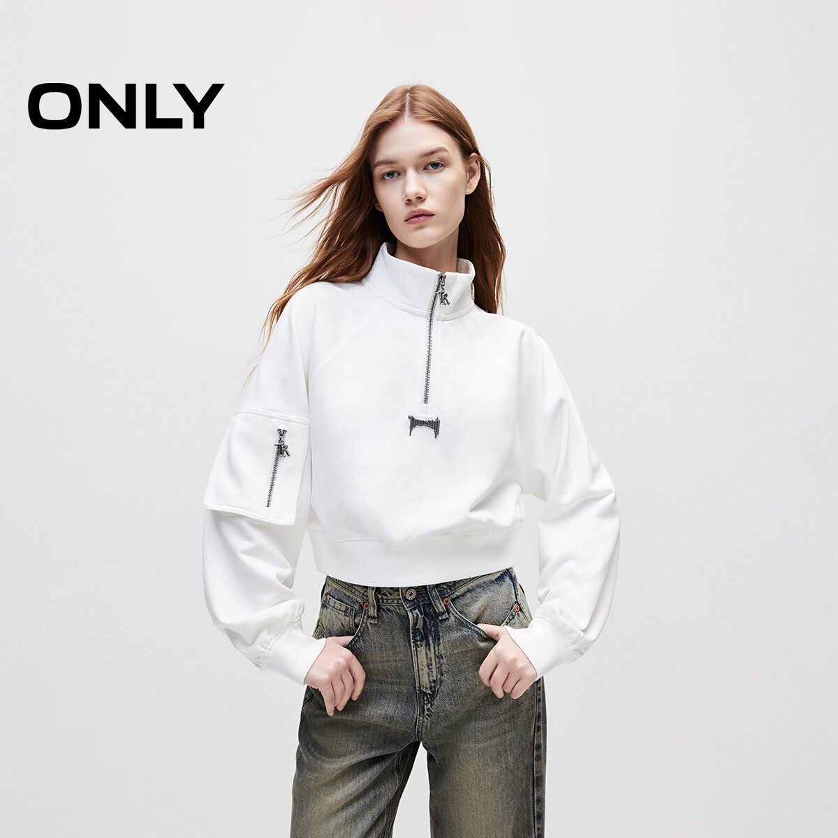 【ONLY奥莱】春夏新款潮流休闲拉链立领短款卫衣女