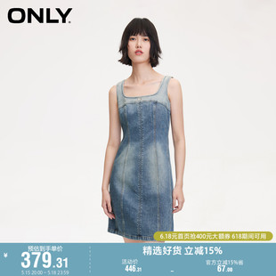 吊带牛仔连衣裙女 复古做旧方领短款 新款 ONLY奥莱夏季