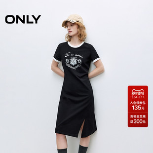 ONLY2025秋冬新款美式复古印花单侧捏褶圆领短袖T恤裙连衣裙女