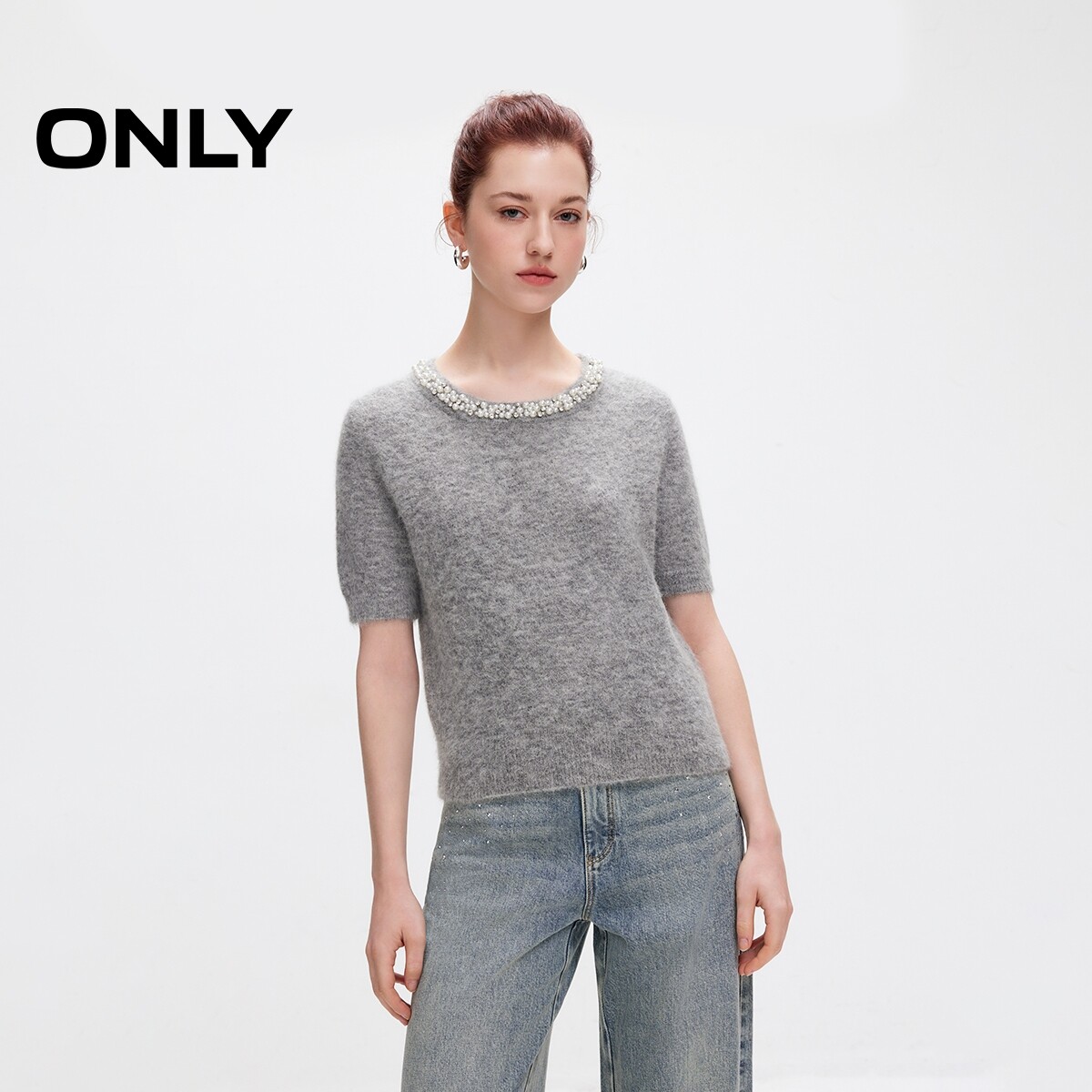 ONLY珍珠圆领短袖短款针织衫图片