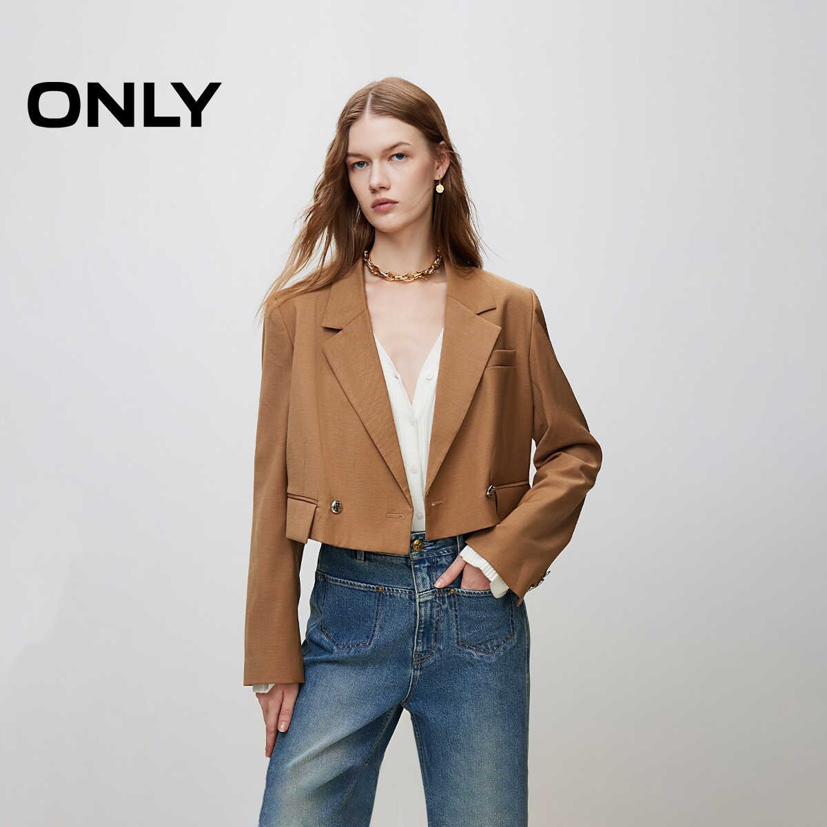 【ONLY奥莱】春夏新款时尚通勤OL风长袖翻领短款西服女