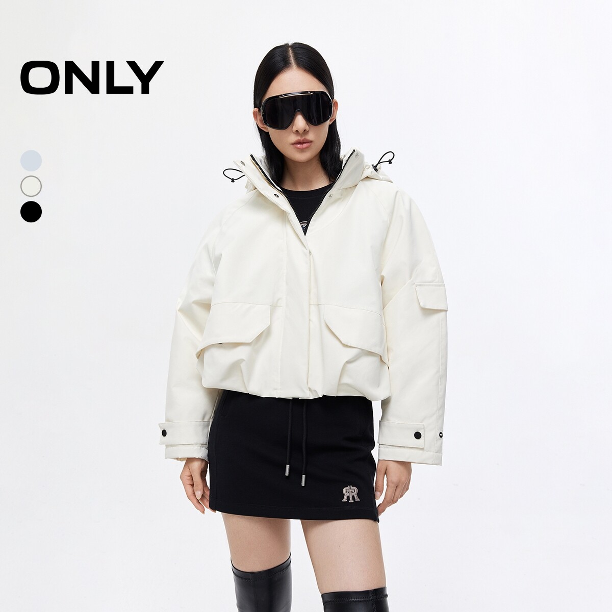 【ONLY奥莱】春季轻户外可拆卸连帽抽绳下摆宽松口袋短款棉服女