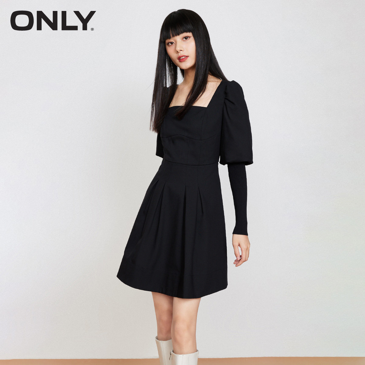 【ONLY奥莱】春夏新款新品法式复古方领收腰黑色长袖连衣裙女