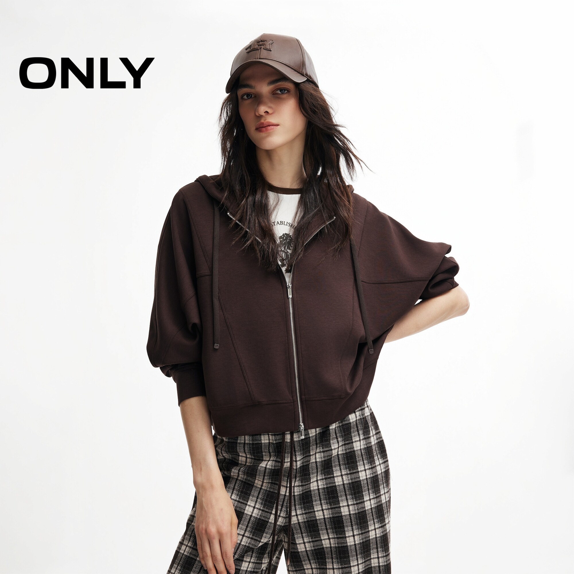 ONLY双向拉链宽松短款连帽卫衣女