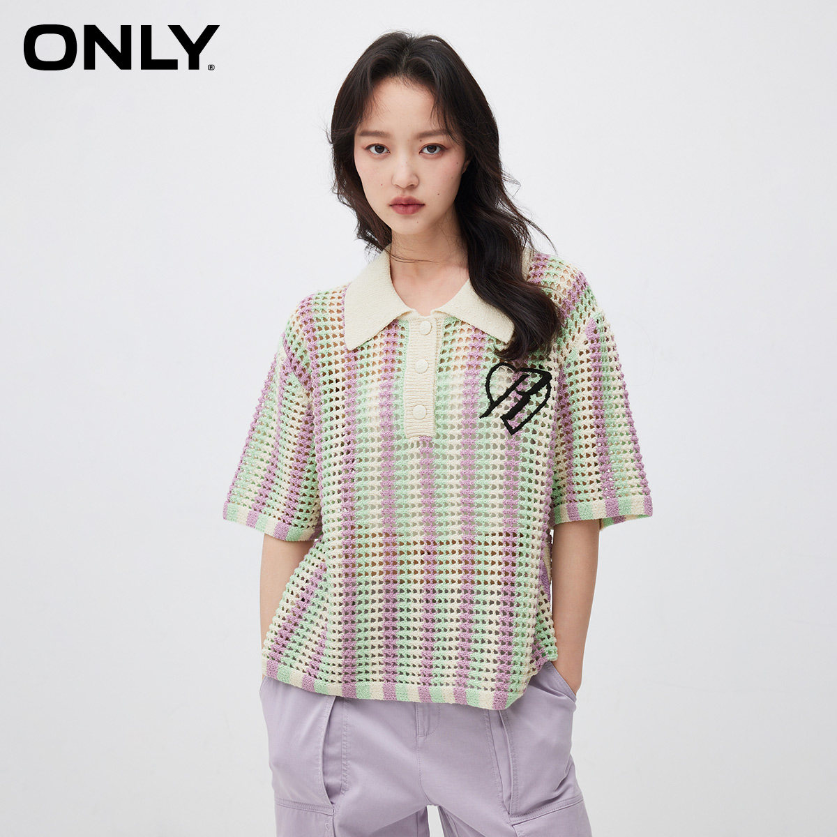 【ONLY奥莱】春夏新款百搭宽松显瘦POLO领拼色针织衫女