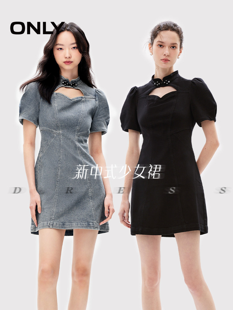 【新中式】ONLY奥莱秋季新款时尚国风盘扣立领泡泡袖牛仔连衣裙女