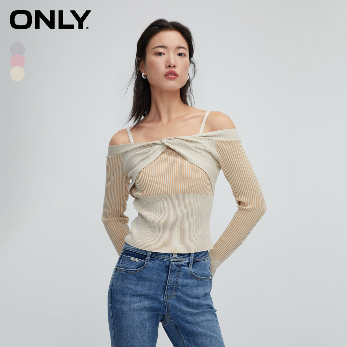 【ONLY奥莱清仓】春季新款设计感蝴蝶结短款螺纹修身针织衫女