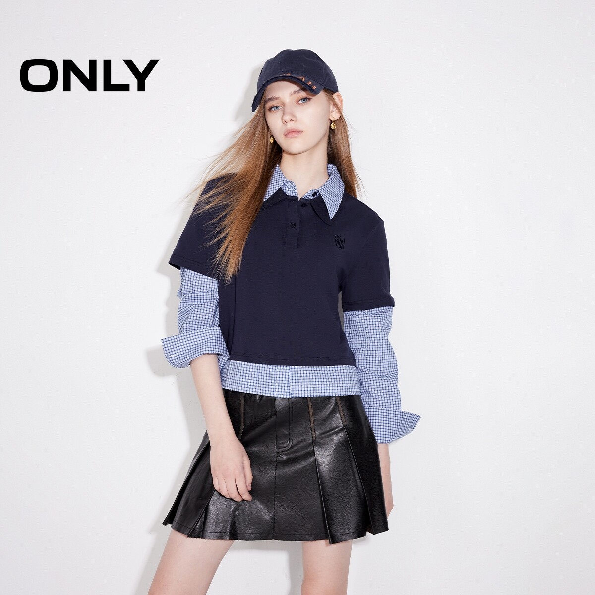 【ONLY奥莱】夏季新款学院风假两件格纹拼接衬衫蕾丝衫女