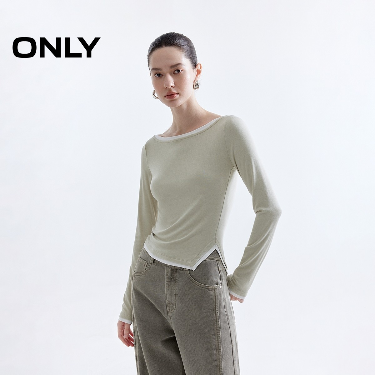 ONLY2025秋冬新款温柔拼色假两件显瘦一字领口修身正肩长袖T恤女,女装/女士精品,T恤,淘宝优惠券,粉丝福利购,淘宝优惠卷