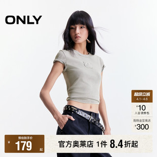 正肩圆领酷感立体贴布字母舒适修身 ONLY奥莱 春款 T恤女 短袖