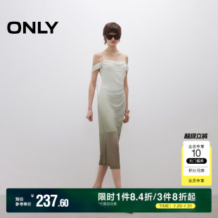 ONLY奥莱2025夏季 连衣裙女 新款 网纱显瘦抽皱性感吊带一字肩中长款